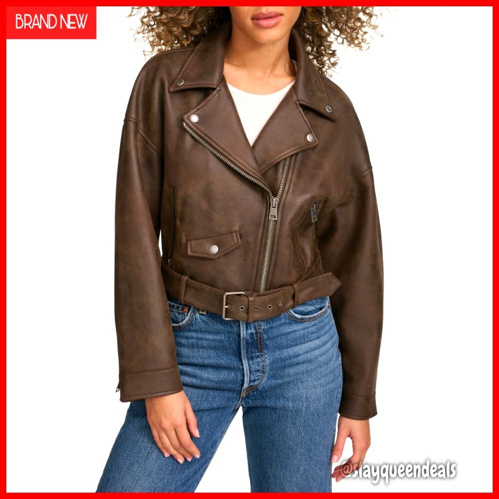 Faux Leather Cropped Moto Jacket With Removable Belt, Asymmetrical Zipper